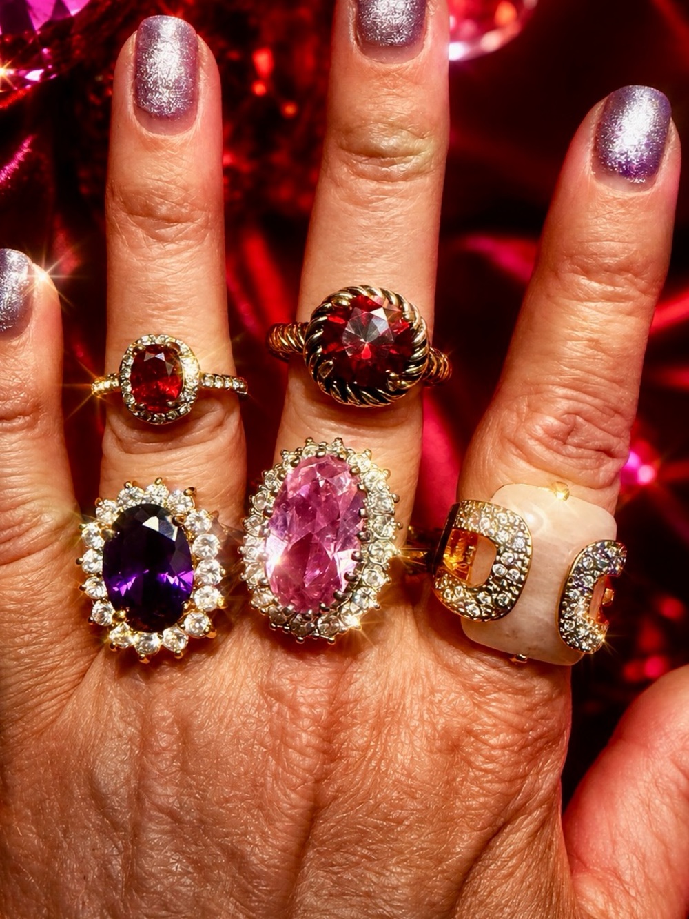 “Berry Sparkly” Set of 5 Statement Rings with Red, Pink and Purple Stones